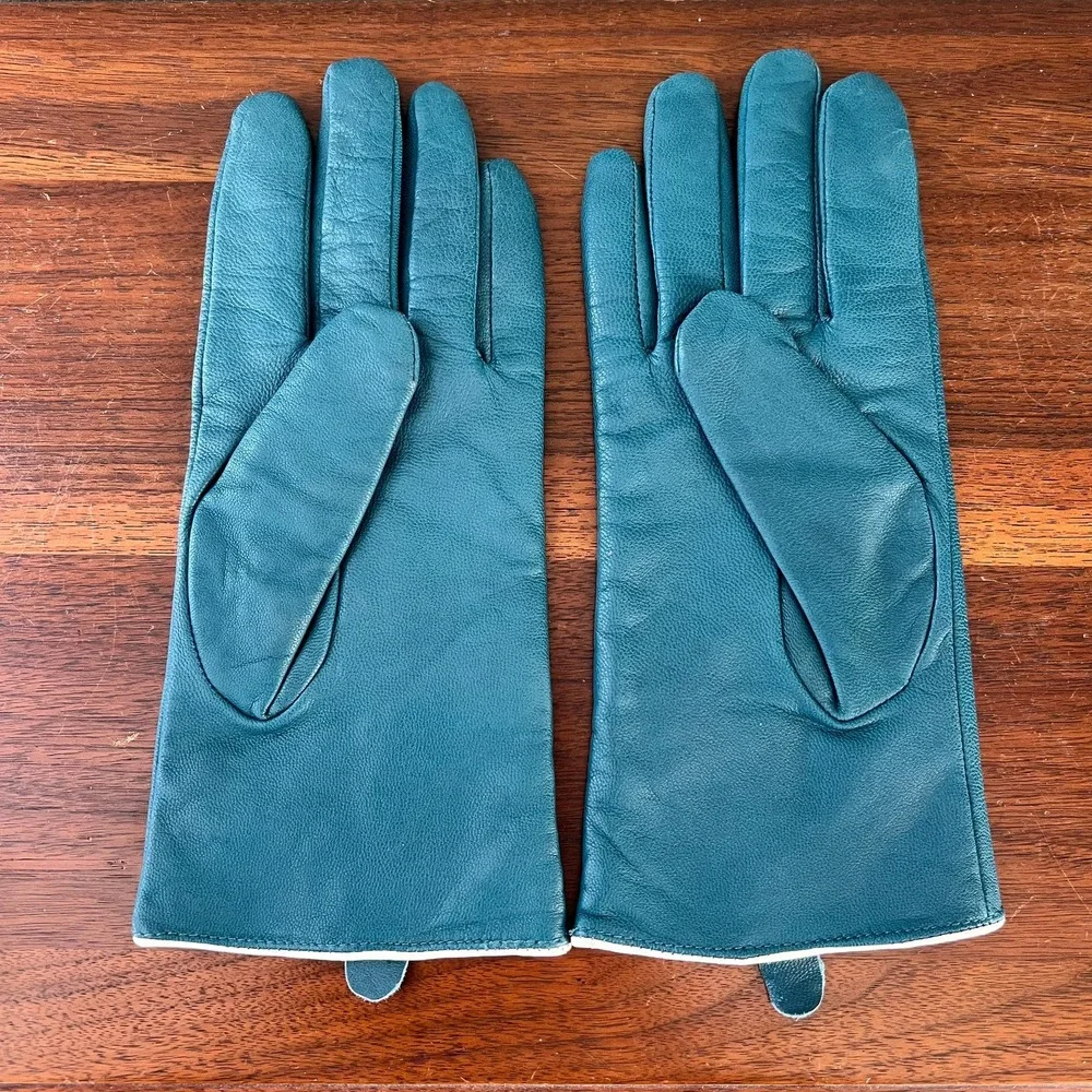 Vintage Teal Leather Gloves With White Saddle-Style Stitching Womens L XL Retro